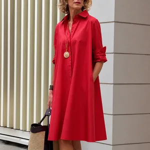 Women Casual Cotton Linen Shirt Dress Loose Long Sleeve Solid Color Button Down Midi Dress For Daily Commute