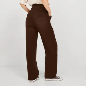 Back view of high-waisted dark brown straight-leg casual trousers for women