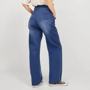 Back view of comfortable high waisted straight leg denim jeans in dark blue wash