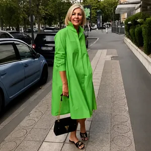 Elegant vibrant green minimalist loose long-sleeved shirt dress for outdoor women