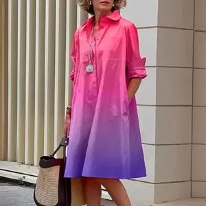 Women Casual Cotton Linen Shirt Dress Loose Button Down Long Sleeve Midi Dress With Pockets Gradient Solid Color Commuter Clothing
