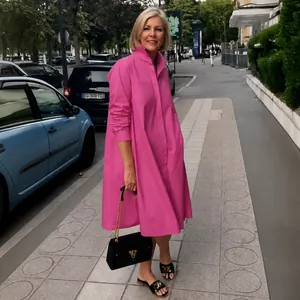 Elegant fuchsia loose fit long sleeve shirt dress for women in urban street style