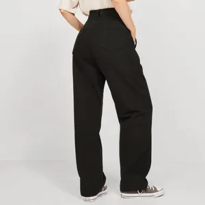 Back view of black high-waisted wide-leg denim pants showing pocket and fit details