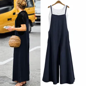 Women Casual Cotton Blend Loose Overalls Sleeveless Wide Leg Jumpsuit Summer Strappy Top And Bottom