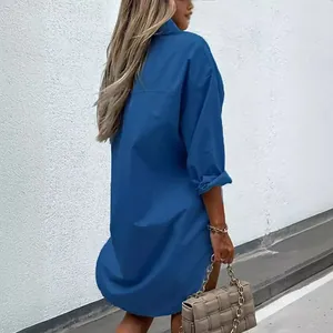Royal blue oversized cotton linen button-down shirt dress for women street style view
