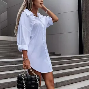 Women's oversized white cotton linen button-down shirt dress with short sleeves