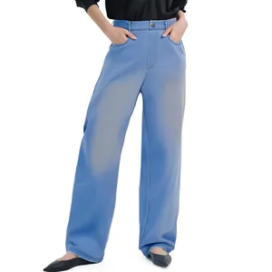 Elegant high-waist straight-leg light blue denim trousers for women's casual fashion