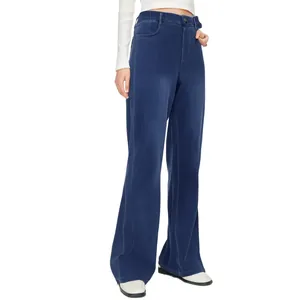 Classic high-waisted dark blue wide-leg denim trousers for women with stretch fabric