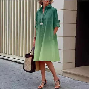 Casual women's green gradient long sleeve shirt dress in a relaxed minimalist fit