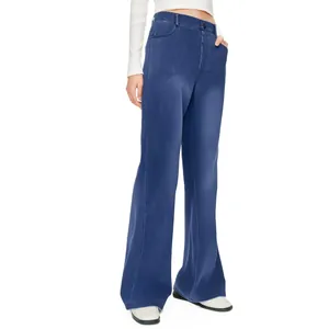 Detailed view of women's high-waist straight-leg denim trousers in deep blue on model