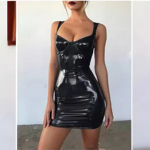 Sexy figurbetontes schwarzes glänzendes PU-Leder-Minikleid mit Bustier-Oberteil für Damen