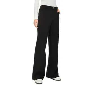 Detailed view of women's high-waisted black straight-leg trousers with a comfortable stretch fit