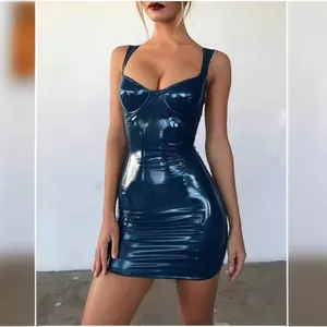 Sexy glänzendes blaues Bodycon-Minikleid aus PU-Leder mit Trägern für Party und Club