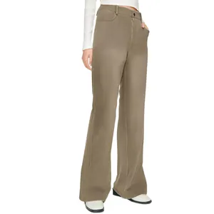 Detailed side view of high-waisted wide-leg trousers in taupe featuring stretch fabric