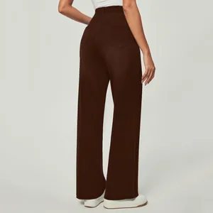 Detailed back view of women's high-waisted dark brown straight-leg stretch denim jeans