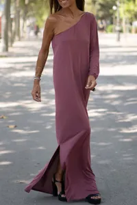 Elegant mauve one-shoulder knitted maxi dress featuring long sleeve and side slit design