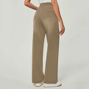 Detailed back view of high-waisted wide-leg denim trousers in taupe for women's fashion