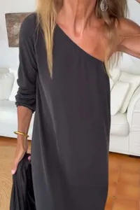 Detail view of a stylish dark grey one-shoulder knitted loose dress for women's fashion