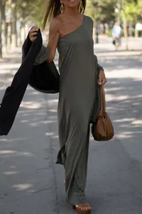 Elegant army green one-shoulder loose knit maxi dress featuring a chic side slit design