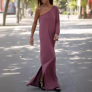 Women One Shoulder Knit Maxi Dress Casual Loose Side Slit Long Dress Asymmetric Sleeve Bohemian Floral Print Party Sundress