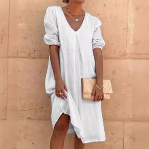 Elegant white cotton linen midi dress with V-neck and puff sleeves for summer casual wear