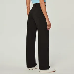 Detail view showing the back fit of black high-waisted wide-leg denim jeans for women