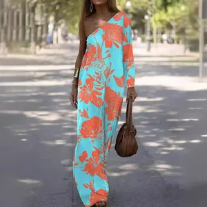 Elegant floral print one-shoulder maxi dress for women featuring a loose bohemian style