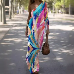 Elegant one-shoulder knit maxi dress featuring vibrant abstract brushstroke oil painting print