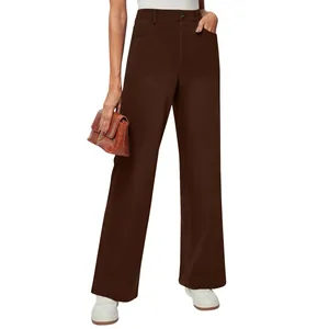Detail of high-waisted brown straight-leg casual denim pants for women