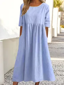 Full view of light blue round neck loose linen maxi dress for summer casual wear