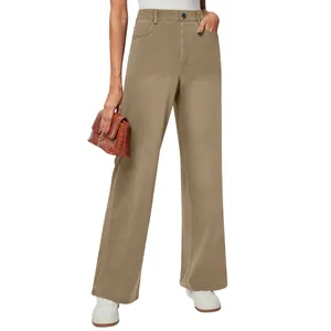 Detailed view of high-waisted khaki straight leg denim trousers with stretch for women