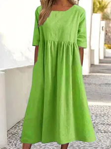 Light green cotton linen maxi dress with round neck and short sleeves for summer
