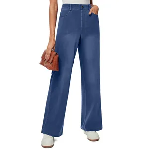 High-waisted women's straight-leg denim pants featuring stretch fabric and button detail