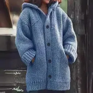Gilet en maille épaisse bleue pour femme avec capuche, boutons et manches longues