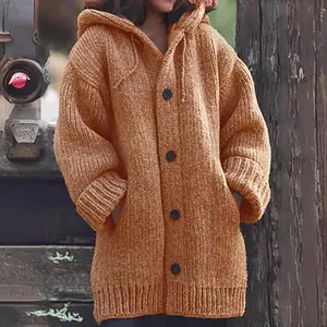 Gilet en maille épaisse à capuche pour femme style décontracté de couleur camel chaud