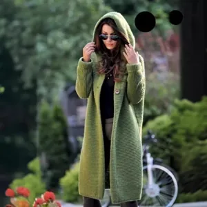 Cozy olive green long hooded knit cardigan for women's autumn and winter fashion wear.