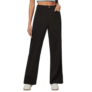 Front view of stylish black high-waisted straight leg stretch denim trousers for women
