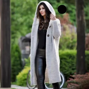 Cozy women's white hooded mid-length chunky knit cardigan sweater for autumn winter