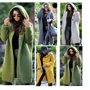 Women Hooded Knitted Cardigan Mid-Long Loose Cotton Sweater Outerwear With Buttons Long Sleeve Solid Color Warm Coat
