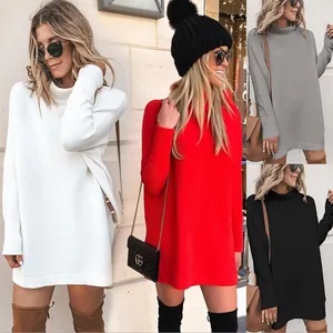 Women's Fashion Long Sleeve Cotton Knit Sweater Dress Casual High Neck Oversized Pullover Mini Dress Solid Color Autumn Winter Streetwear Top