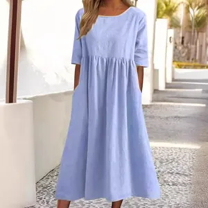 Elegant light blue cotton linen maxi dress featuring short sleeves and a relaxed loose fit