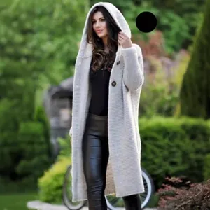 Stylish long cream white hooded knitted cardigan sweater for women in outdoor setting