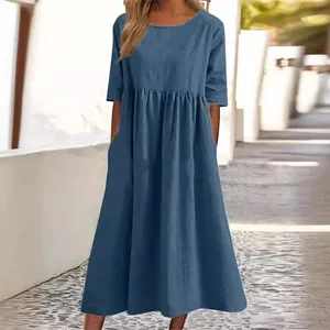 Elegant casual round neck short sleeve loose maxi dress made of breathable cotton linen