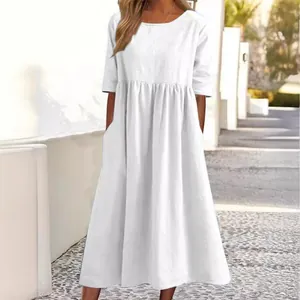 Casual white cotton linen maxi dress with round neck and short sleeves for women