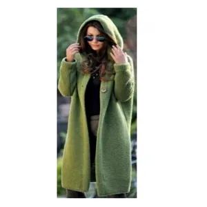 Elegant long green hooded knit cardigan sweater coat for women loose fit outerwear