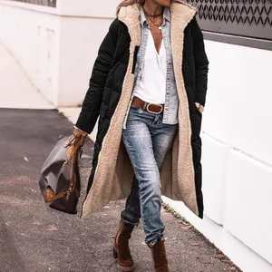 Women's long black winter puffer coat with warm beige fleece lining and hood