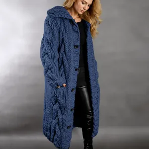 Gilet à capuche long et ample pour femme en maille torsadée bleu denim de style décontracté