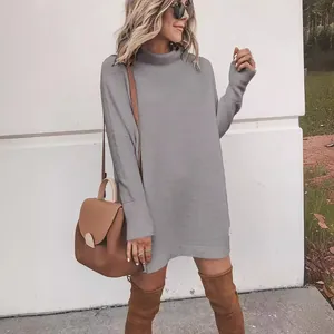 Elegant gray long sleeve knit sweater dress for trendy autumn and winter fashion style.