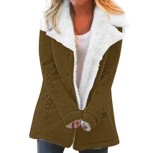 Close-up of women's brown fleece-lined warm winter coat with white sherpa collar
