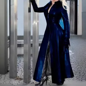Elegant navy blue metallic PU leather long trench coat with front zipper and slit